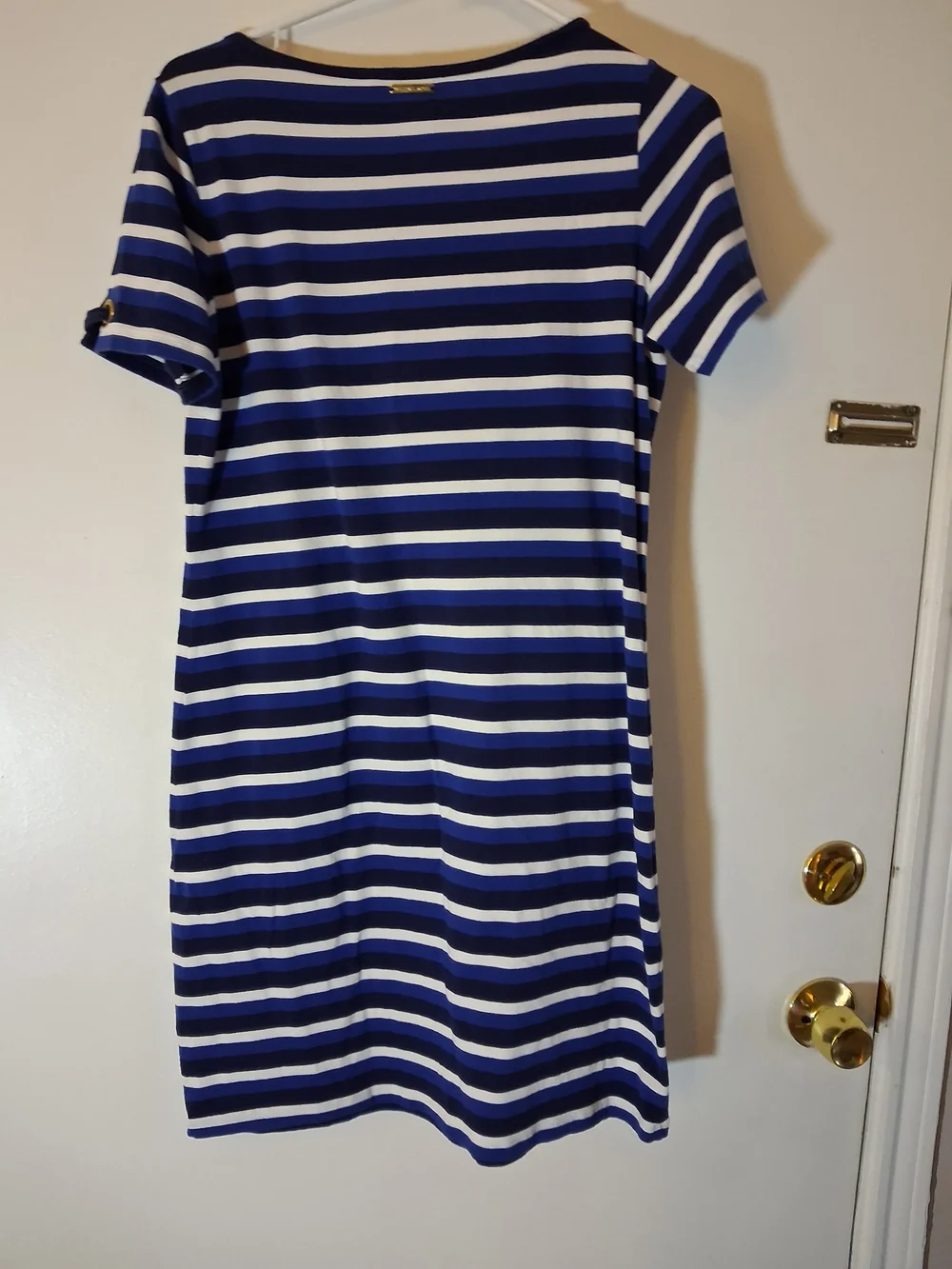 Michael Kors Blue and White Striped Short Sleeve Knit Dress